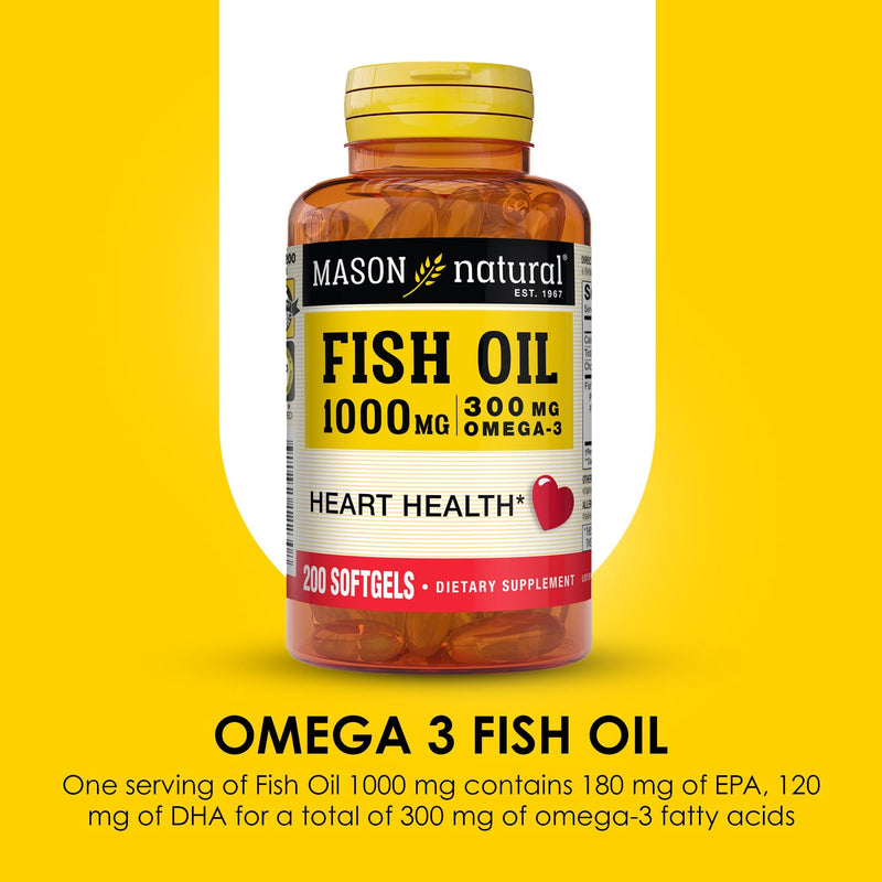 MASON NATURAL Omega,3 Fish Oil, 200,Day Supply, 1000mg with EPA and DHA for Joint Support, Softgel Pills 200 Count (Pack of 1)