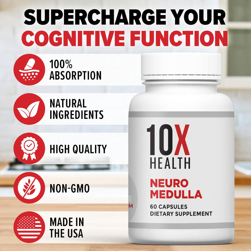 10X Health Brain Supplements for Memory and Focus - 60 Capsules | Ginkgo Biloba: Vitamin B1 & B3, Nootropic Brain & Memory Support, 60 Capsules