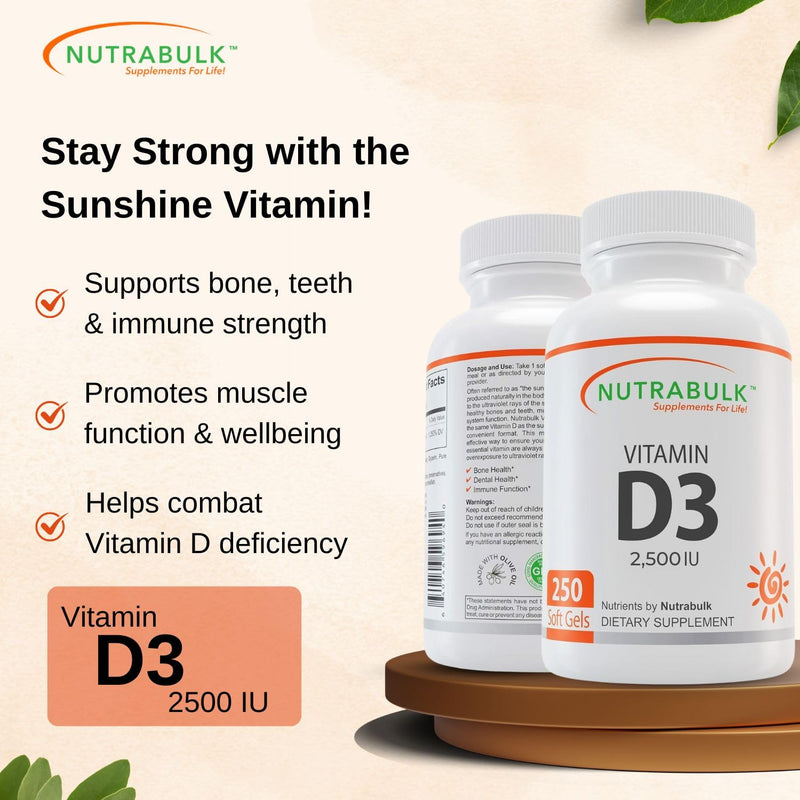 NutraBulk Vitamin D3 2500 IU Softgels - 250 Count - High-Potency Daily Supplement - Non-GMO, Gluten-Free - Made in USA 1 Count (Pack of 250)