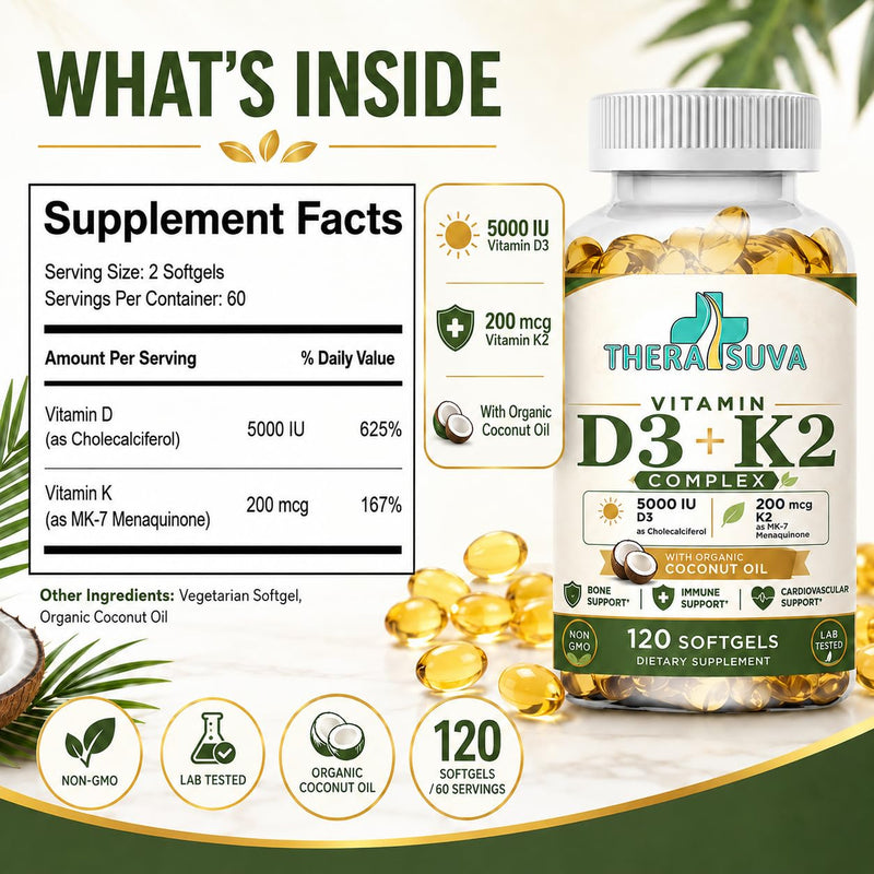 TheraSuva High Potency Vitamin D3 5,000 IU + K2 – Vegan, Non-GMO, with Organic Coconut Oil for Better Absorption – Bone & Heart Support, 2 Month Supply, 120 Softgels
