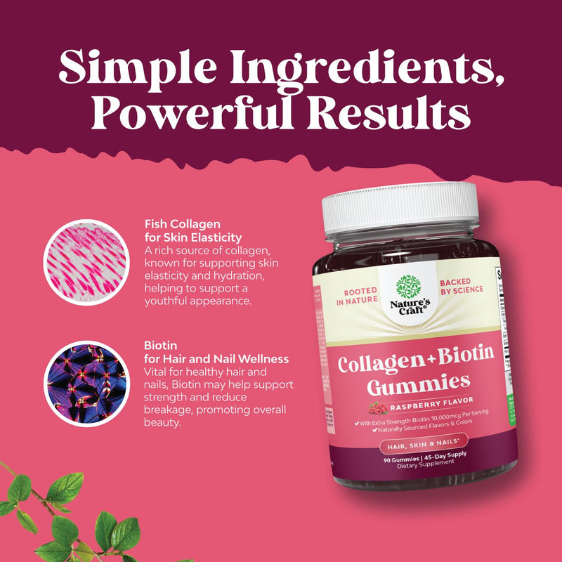 Hair Skin and Nails Gummies for Women - Extra Strength Biotin and Collagen Gummies for Women Hair Skin Nails Support - Non-GMO Kosher Marine Collagen Biotin 10000mcg per serving - 90 Count