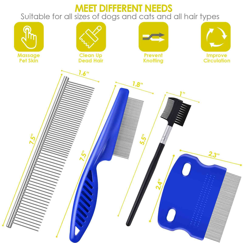 4 Pack Flea Lice Comb, 2-in-1 Stainless Steel Dog Cat Grooming Combs with Rounded Teeth, Double Sided Professional Pet Tear Stain Remover, Dematting Tool for Small, Medium & Large Pets - BeesActive Australia