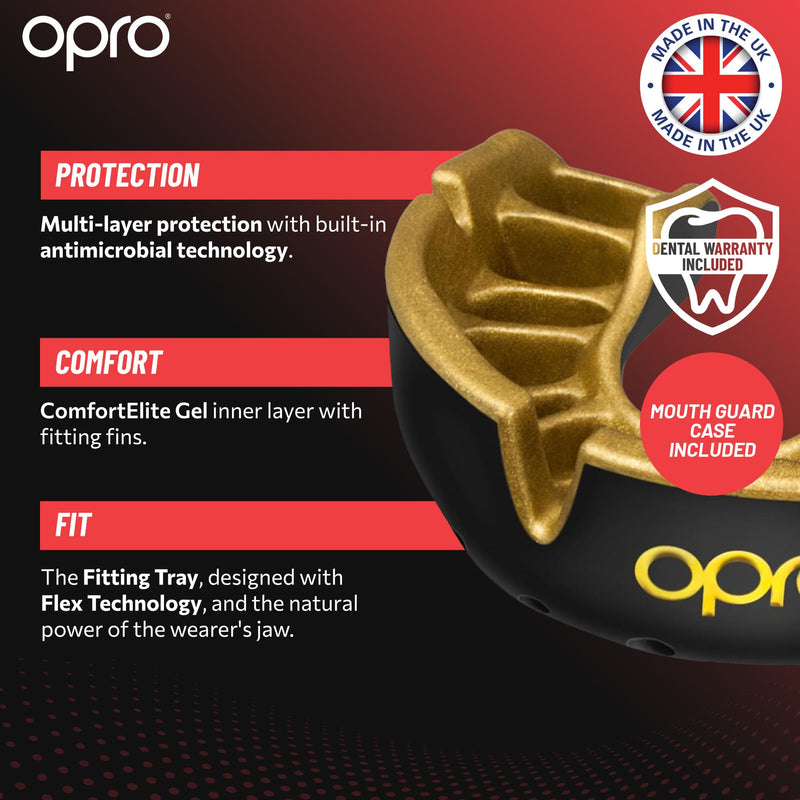 OPRO Gold Level Mouth Guard - Moldable Mouthguard with Premium Comfort Fit, and Multi-Layer Protection for Boxing, MMA, Rugby, Hockey, and Football Mouthpiece – Includes Case (White/Gold, Adult) White/Gold Adult (Age 10+)