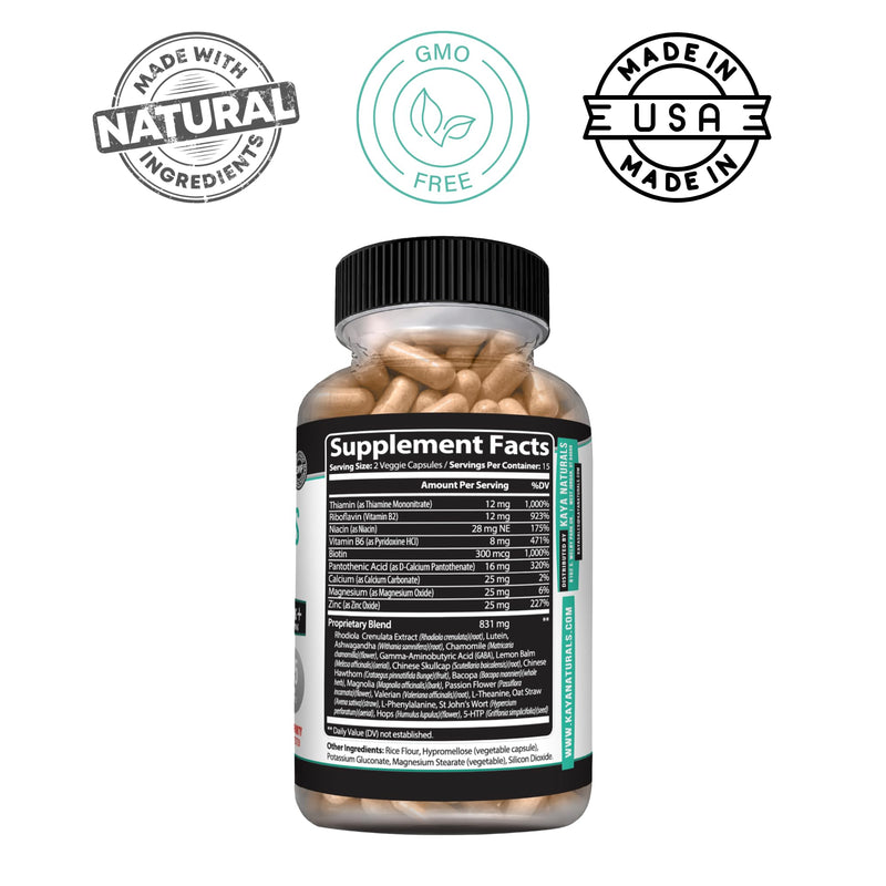 Kaya Naturals - Natural Herbal Stress Relief Support Vitamin Supplement to Relax and Calm the Mind - Boost Mood - Happy Pills - Anxiousness Support - 30 Capsules 30 Count (Pack of 1)