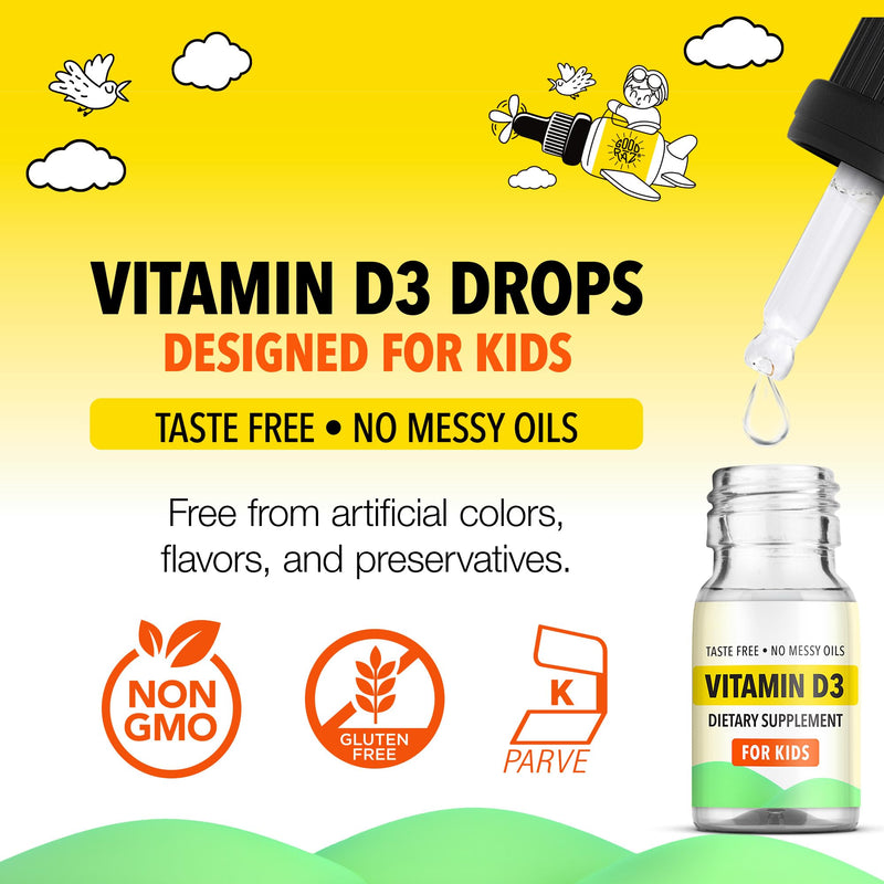 Good Rāz Vitamin D3 Drops for Kids 0.17 fl oz (5 ml) – Taste Free Liquid Dietary Supplement for Kids – Non-GMO, Gluten-Free, Kosher, Daily Liquid Vitamin in Easy Dropper Bottle