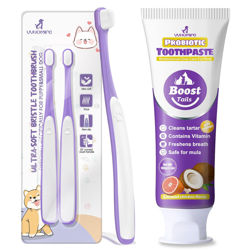 Tiny Dog Toothbrush for Small Dogs + Natural Coconut Oil Cat & Dog Toothpaste.