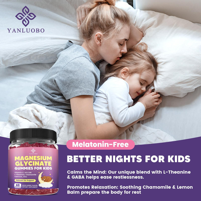 Kids Magnesium Gummies, Magnesium Glycinate Gummies 400mg/200mg with L-Theanine, Chamomile, Vitamin B6, D3 for Kids, Relaxation & Zzz Support, Nerve Bone - Sugar Free Mixed Berry Flavor 60ct 60 Count (Pack of 1)