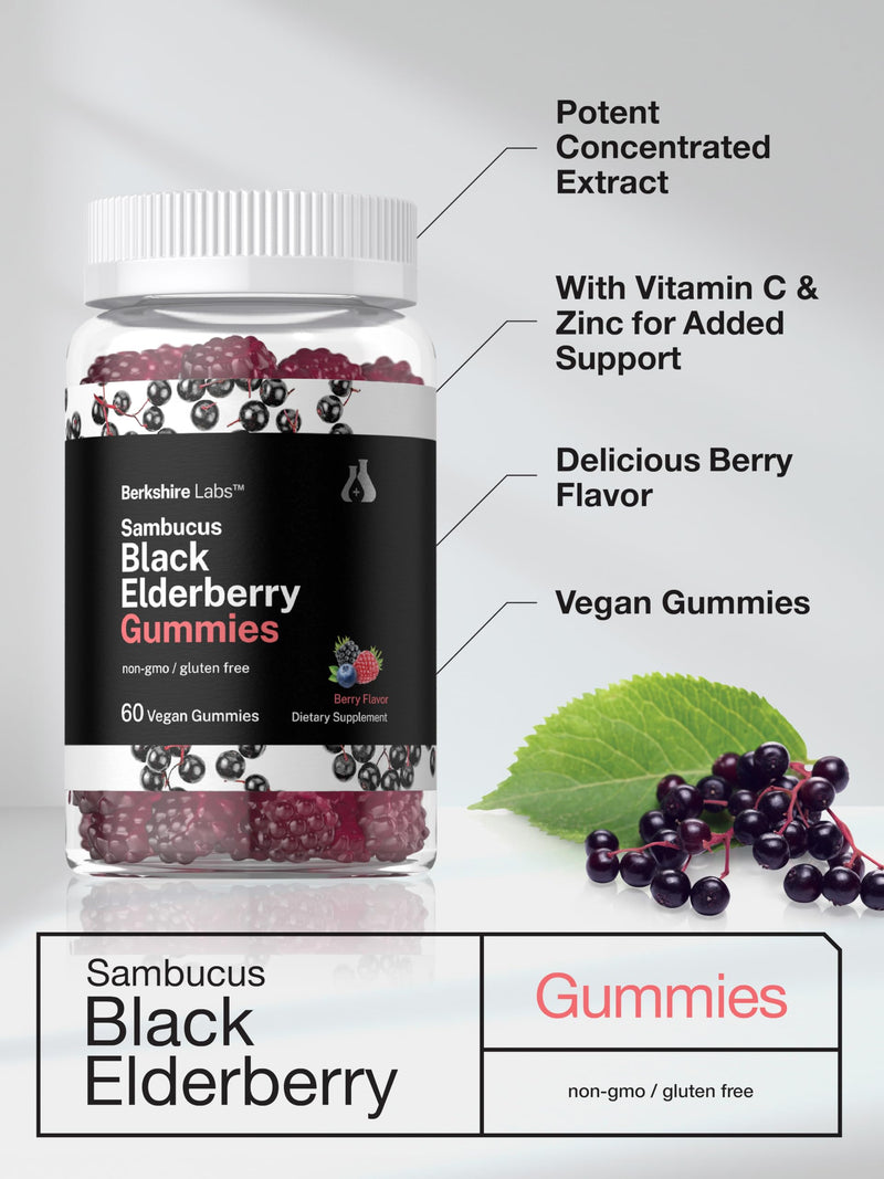 Horbäach Sambucus Black Elderberry Gummies | 60 Count | with Zinc and Vitamin C | Berry Flavor | Vegan, Non-GMO, Gluten Free Extract for Adults | by Berkshire Labs