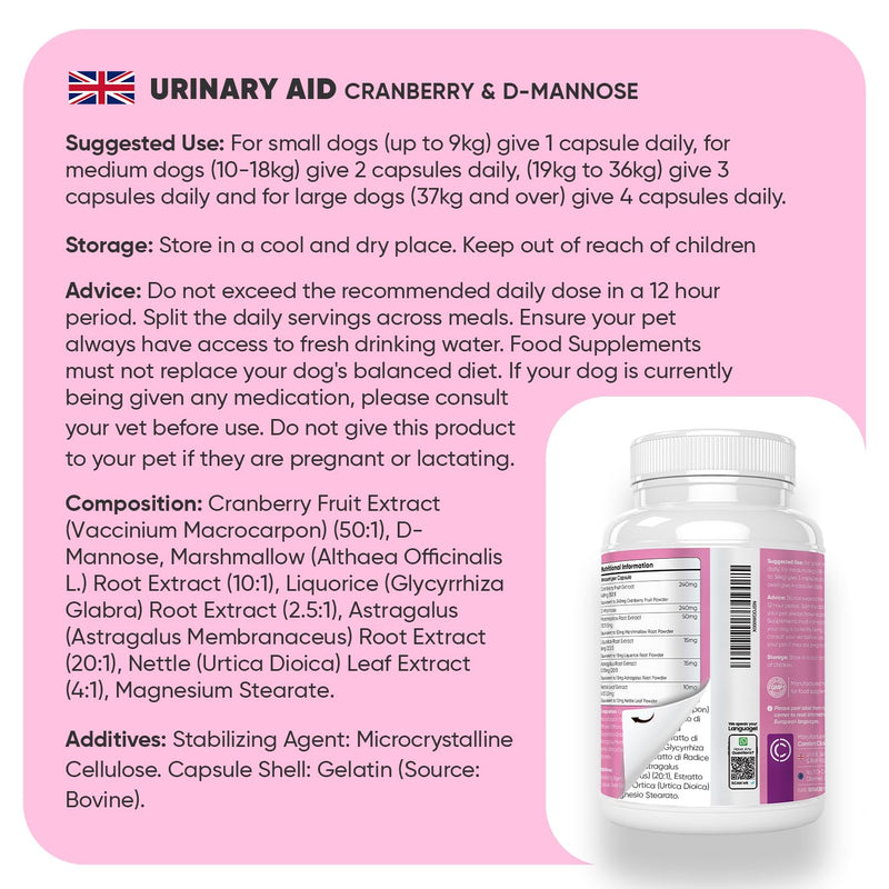 Urinary Aid for Dogs 570mg - 120 Capsules - Added With D-Mannose, Cranberry, Astragalus Root, Liquorice Root Powder & Nettle Leaf Extract - For all Ages, Sizes & Breeds - Non-GMO & Gluten-Free