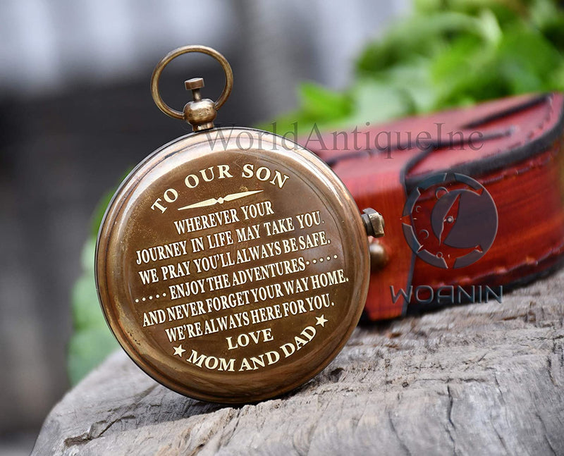 WOANIN Personalized Compass,Gift for Husband,Son,to My Man, to Our Son,to My Fiancé,Dad,Boyfriend,for Customized Compass (Our Son- Mom and Dad) Brass Finish