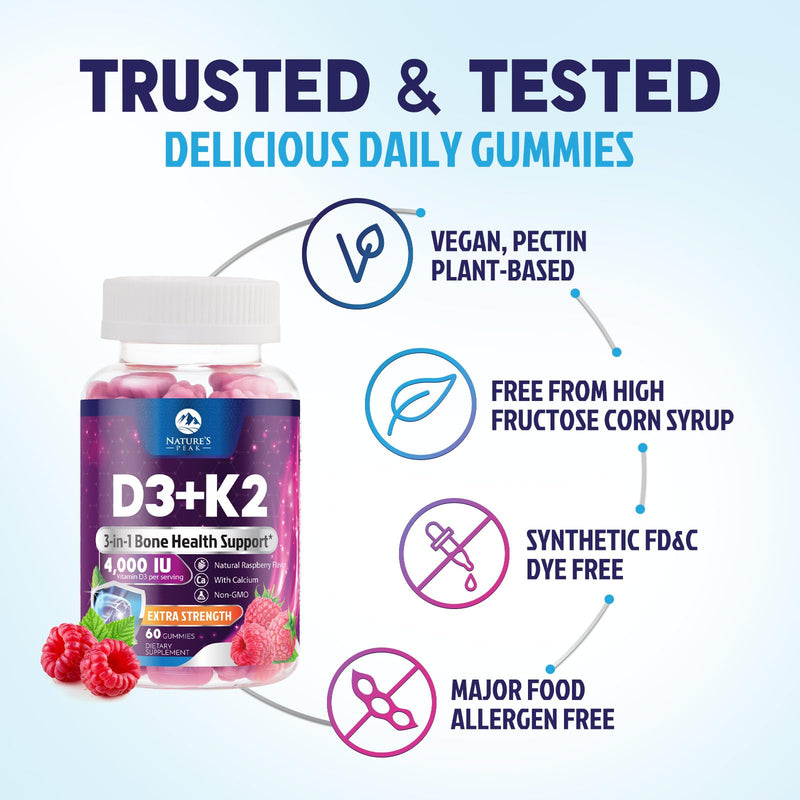 D3 K2 Gummies - 3X Strength Vitamin D3K2 Vitamins For Immune Support with Calcium - 2-in-1 Vitamins D & Vitamin K2 Mk-7 Supplement Complex, Easy to Swallow, Gluten Free, Non-Gmo - 60 Gummies