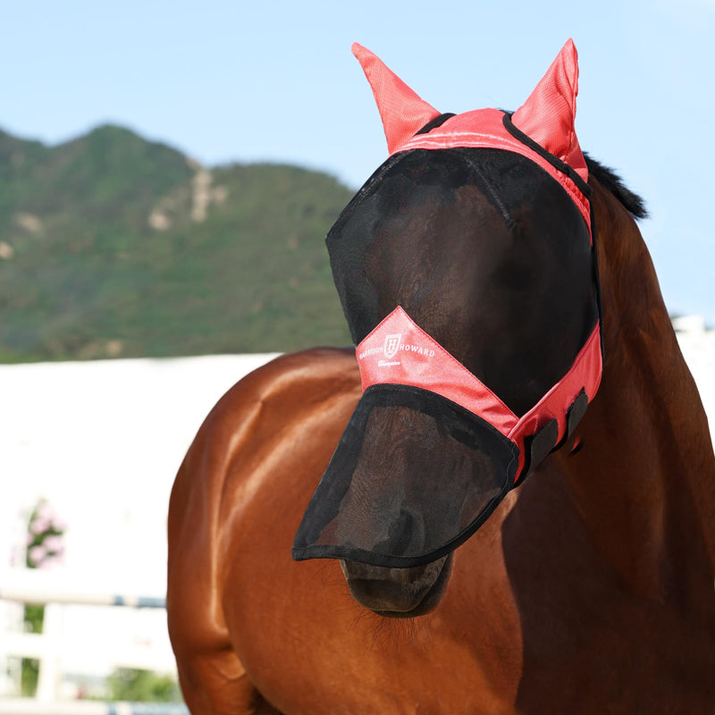 Harrison Howard Pro Luminous Horse Full Face Fly Mask Large Eye Space Long Nose with Ears UV Protection for Horse Coral Orange L - BeesActive Australia