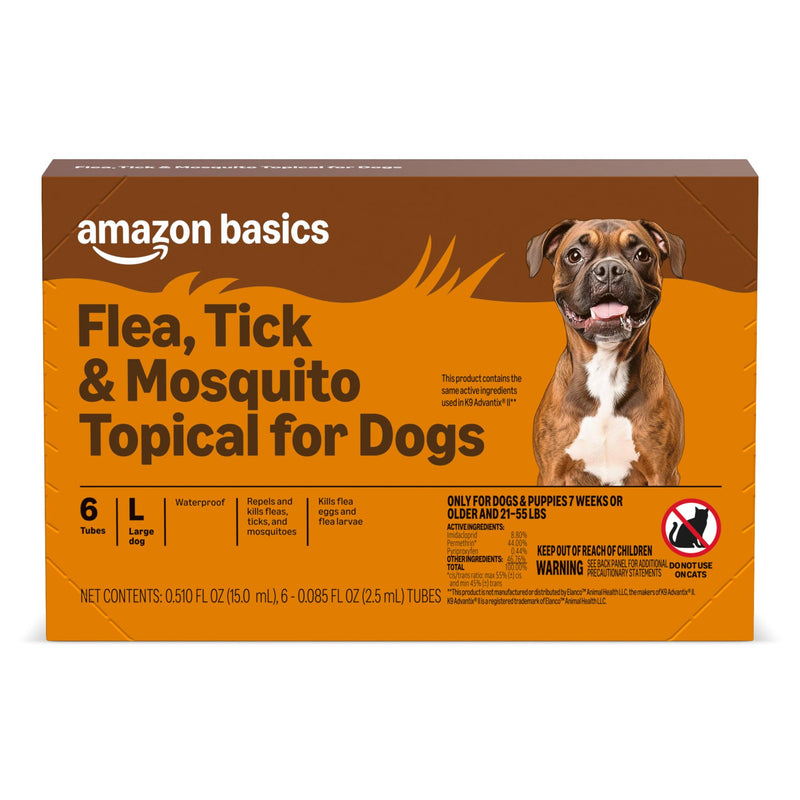 Amazon Basics Preventative Flea, Tick & Mosquito Topical Treatment for Large Dogs (21-55 pounds), 6 Count, Packaging May Vary Large Dogs (21 - 55 lbs)