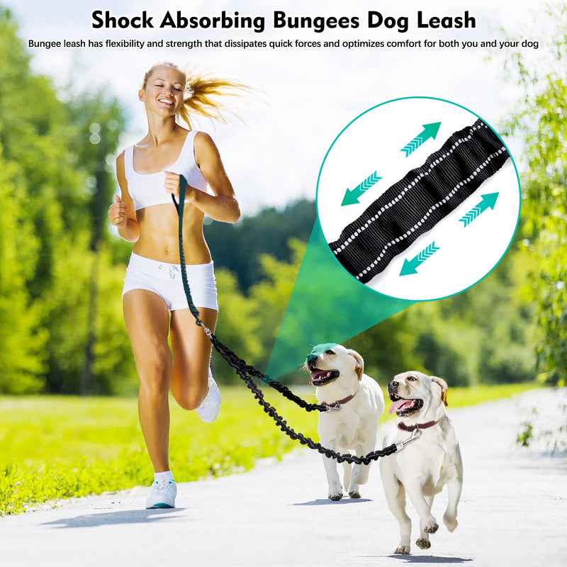 2 Dog Leash, 360° Swivel No Tangle Double Dog Walking & Training Leash, Comfortable Shock Absorbing Reflective Bungee Lead Walk 2 Dogs with Ease for 30-150lbs dogs Black - BeesActive Australia