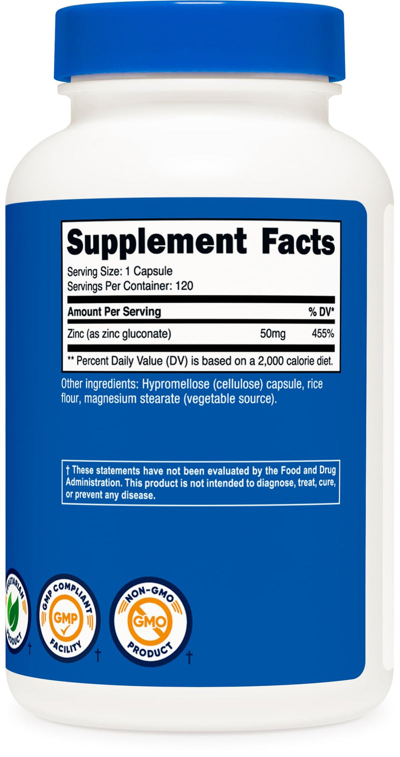 Nutricost Zinc Gluconate 120 Vegetarian Capsules (50mg) - Gluten Free and Non-GMO 120 Count (Pack of 1) - BeesActive Australia