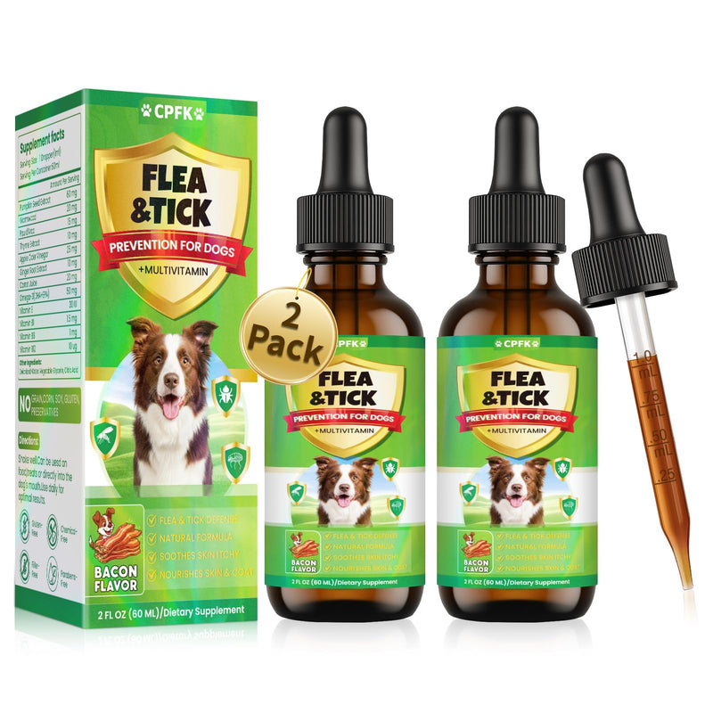 Flea and Tick Prevention for Dog, 60 ML (2 FL OZ) 2 Pack Natural Oral Flea and Tick Drops for Dogs Containing Multivitamin All Breeds and Sizes Fleas Control for Dogs Bacon Flavor 4 FL OZ