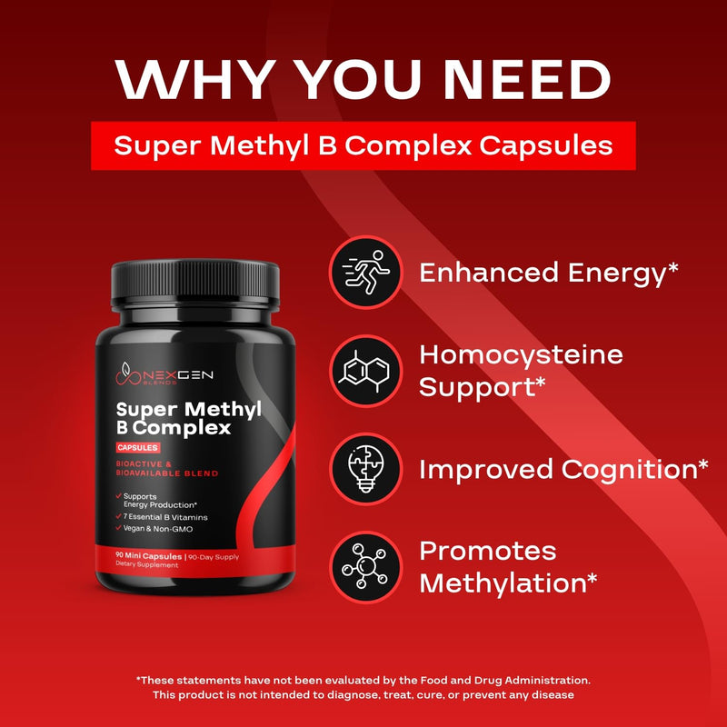 Methylated B Complex Vitamin Supplement - Bioactive Methyl B Complex with 5-MTHF Methyl Folate & B12 Methylcobalamin for Brain Heart Energy & Homocysteine Support - Super Vitamin B Complex - 90 Caps 90 Count (Pack of 1)