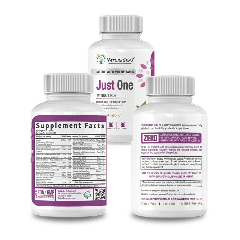 NatureGenX Just One Daily Methylated Multivitamin, 60 Capsules | Iron-Free with Methyl B12 & Methylfolate, Methylation Support for Men & Women, Vegan, Gluten-Free, Non-GMO 1