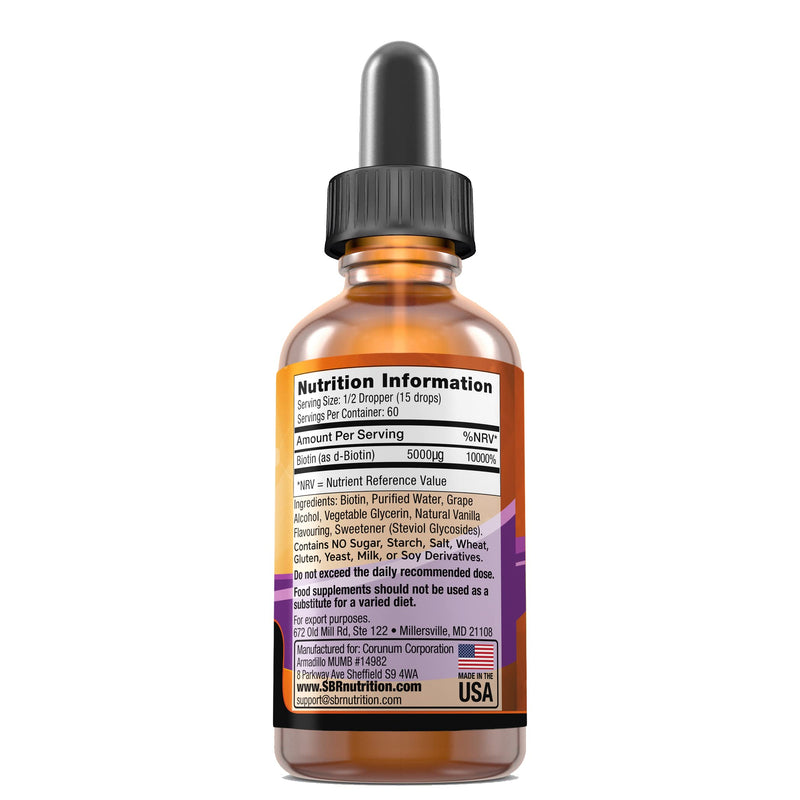 SBR Nutrition Biotin Liquid Drops, 5000mcg per Serving (60) 1.0Fl.oz (30ml) Vanilla Natural Vanilla - 5,000 mcg