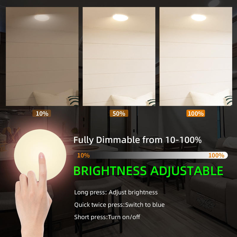 RV Puck Light 5Inch, Dimmable RV Light Fixture 12V, Camper Interior Light with Inbuilt Dimmer Switch, RV Ceiling Light for Boat Camper Trailer Car(Dimmable Warm White& Blue Nightlight, 6PCS) Warm White 6Pack