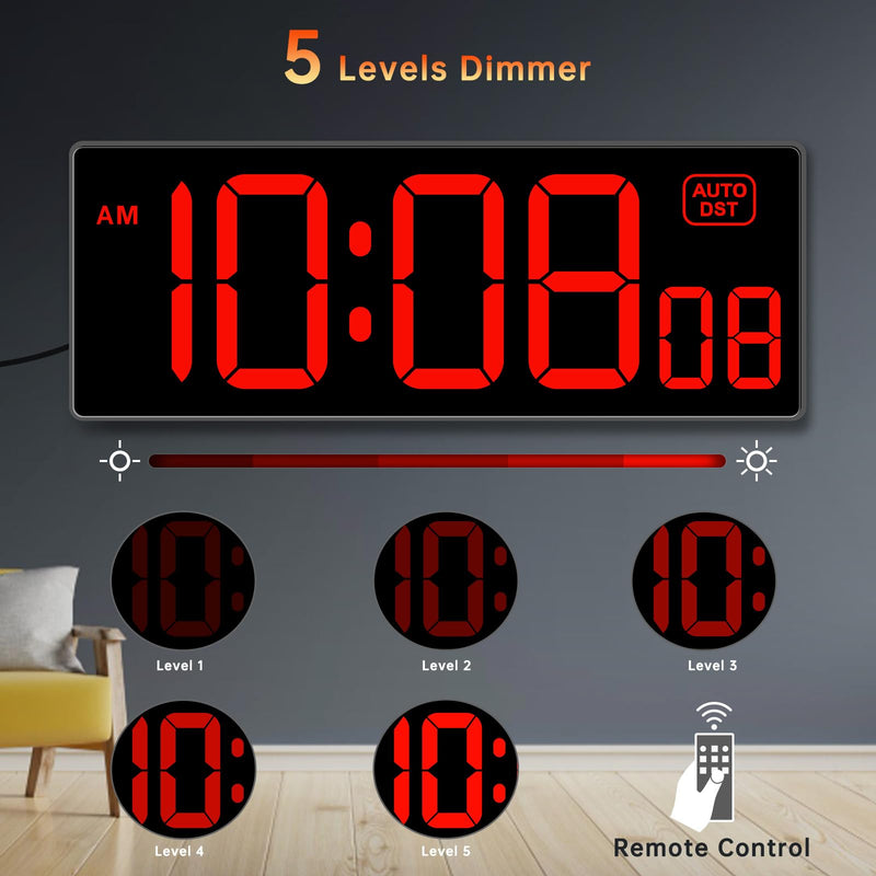 Soobest Digital Wall Clock with Seconds for Gym, Remote Countdown Timer Large LED Display 5 Dimmer (10.2" Red) 10.2“ Red - BeesActive Australia