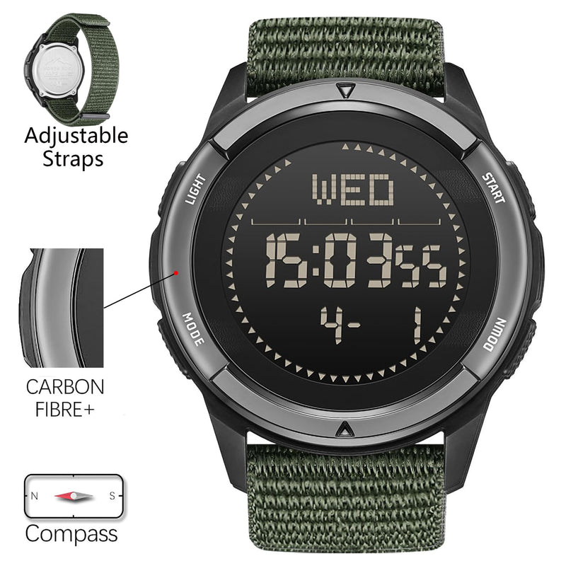 DIDITIME Tactical Watches for Men, Military Watches for Men, Waterproof 164FT, Fitness Watch, Mens Digital Watches with Compass, Metronome, Pedometer, Lightweight Breathable Nylon Watch ALPS-GREEN