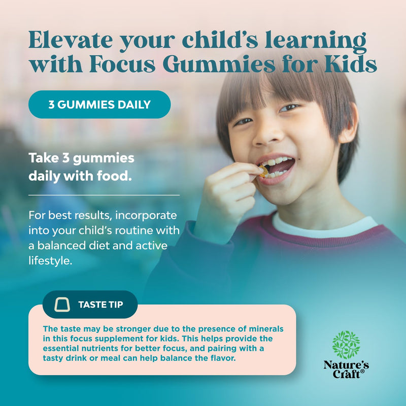 Kids Focus Gummies - Nootropics Brain Support Supplement for Kids with Green Tea Extract, B6 & B12 Vitamins for Memory and Brain Focus - Herbal Concentration Chews for Children - 90 Count 90 Count (Pack of 1)