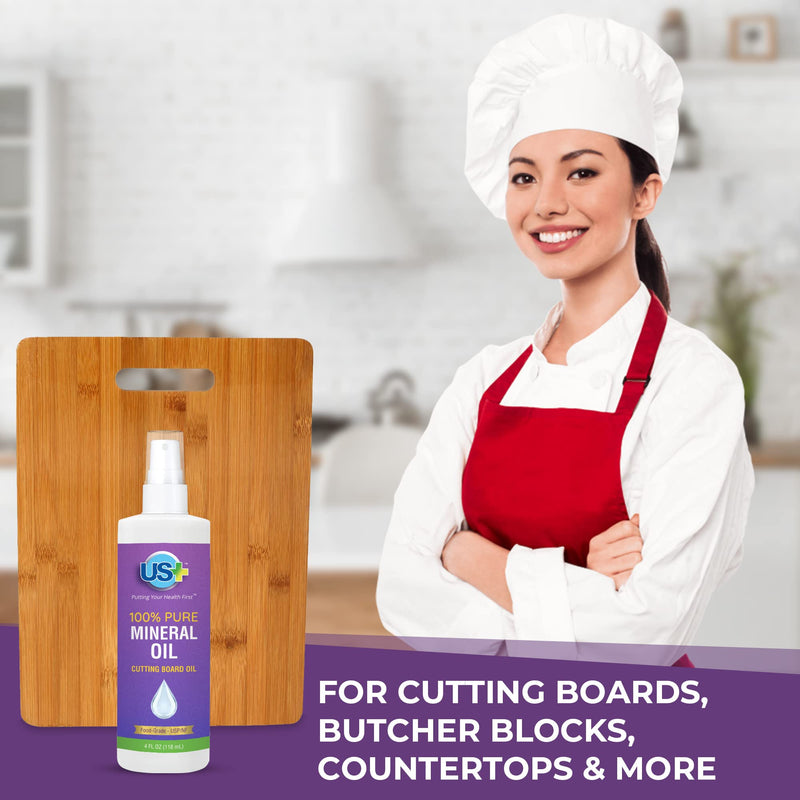 4oz US+ 100% Pure Mineral Oil Spray - Food-Grade - Cutting Board Oil - Restores & Protects Cutting Boards, Butcher Blocks, Countertops, Steel Surfaces & More (4oz Spray) - BeesActive Australia
