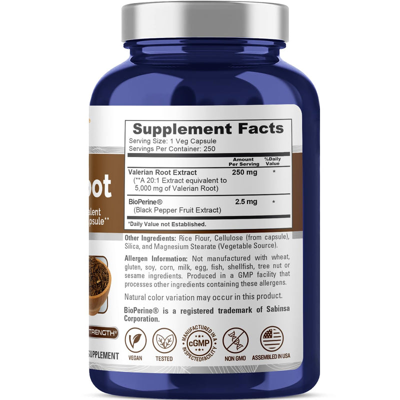 NusaPure Valerian Root 5000 mg Per Veggie Caps, 250 Count, Vegan, Non-GMO, Bioperine - BeesActive Australia