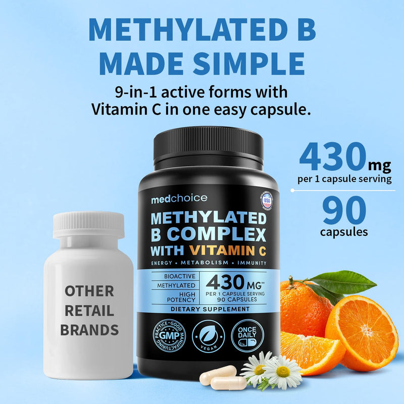 9-in-1 Vitamin B Complex - Methylated Multivitamin with B12 Methylcobalamin, Methylfolate, L-5-MTHF & Vitamin C - Methylated B Complex for Women & Men - Non-GMO, Gluten-Free, & Vegan (180 Servings) 90 Count (Pack of 2)