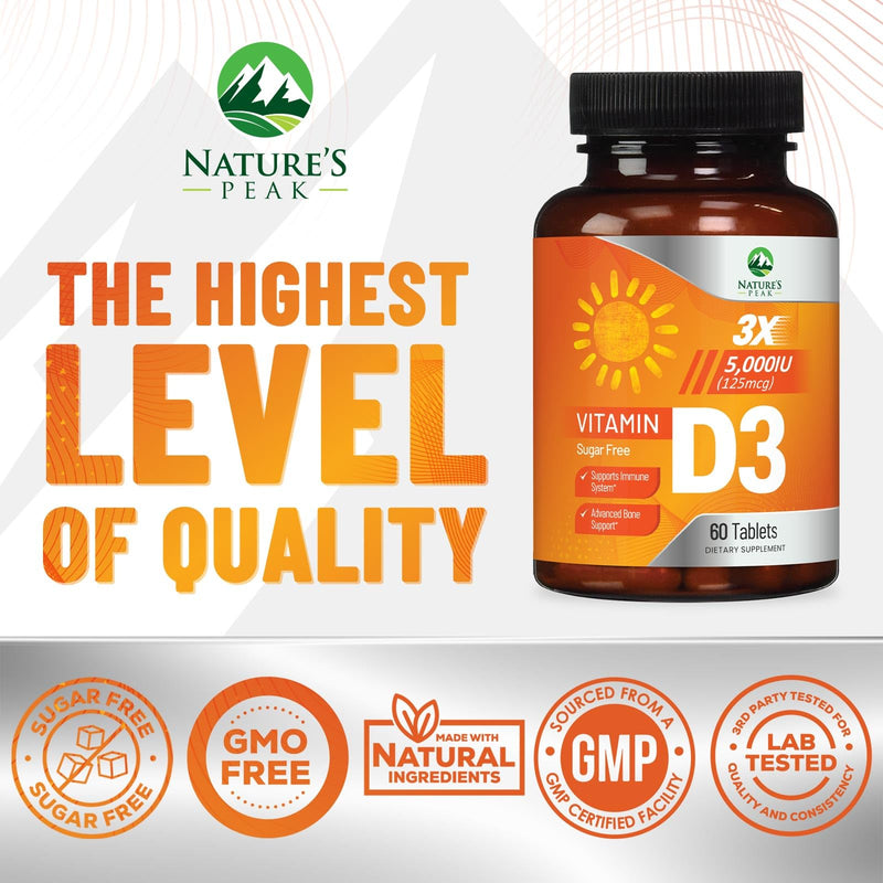 Vitamin D3 5000iu (125 mcg) Per Serving - 3X Strength Immune Health Support Vitamin D Dietary Supplement for Bone, Teeth, Muscle - Vit D, Vegan, Gluten Free, Raspberry Flavor - 60 Chewable Tablets 60 Count (Pack of 1)