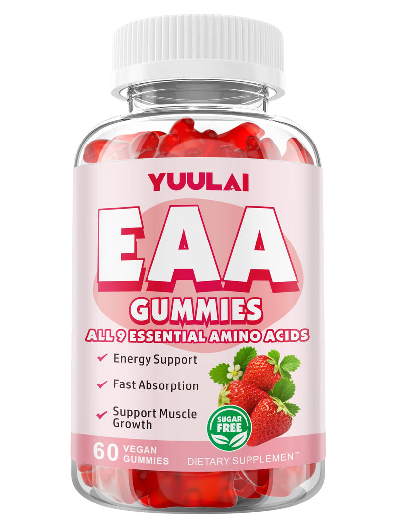 Pack of 2 EAA Gummies Essential Amino Acids - All 9 Essential Aminos (EAA) and All Branched-Chain Aminos (BCAAs) for Muscle Recovery, Energy Support, Strawberry Flavor, 120 Count 120 Count (Pack of 1)