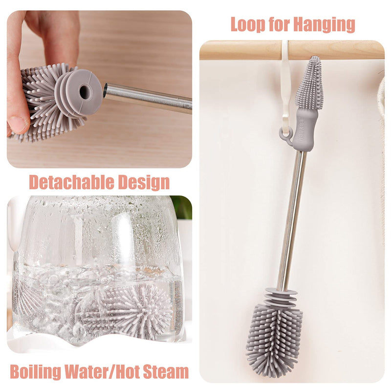haakaa Cleaning Brush Silicone Bottle Brush Double-Ended Soft Silicone Bristles for Breast Pumps, Breast Milk Collectors, Baby Bottles, Teats, Breastmilk Storage Bags, Detachable - Grey, 1pk Gray - BeesActive Australia