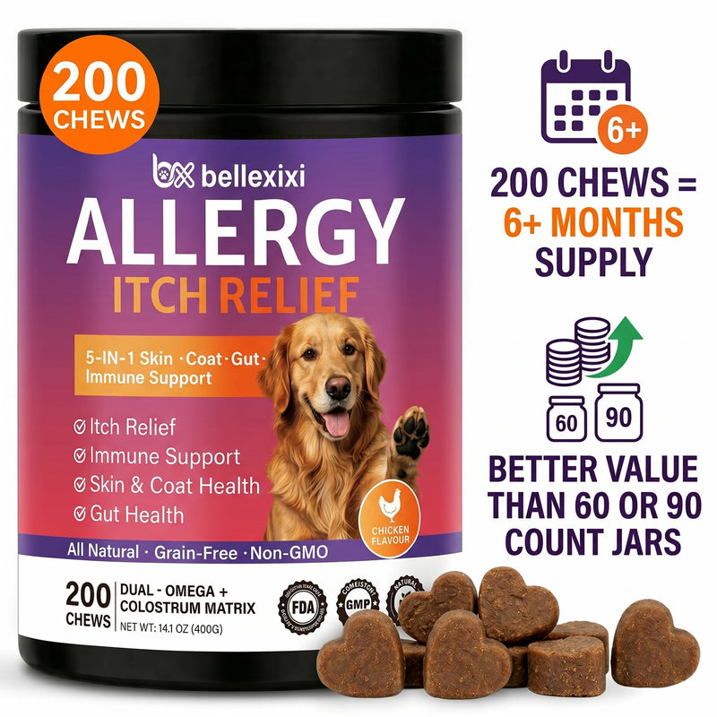 Dog Allergy Chews 200ct - Seasonal Allergy & Itching Skin Relief for Dogs - Soft Chews with Colostrum, Probiotics & Omega 3 for Licking Paws, Hot Spots & Immune Support - Chicken Flavor (14.1 OZ) 200 Chews