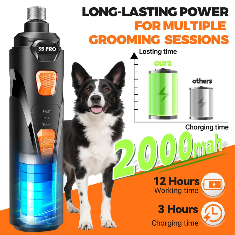 Whisper Quiet Dog Nail Grinder with 4 LED Lights, Safe & Stress-Free for Sensitive Dogs Cats of All Breeds & Sizes, 3 Grinding Bits, 3-Speed, Pet Nail Trimmers, Rechargeable Painless Grooming Kit Black