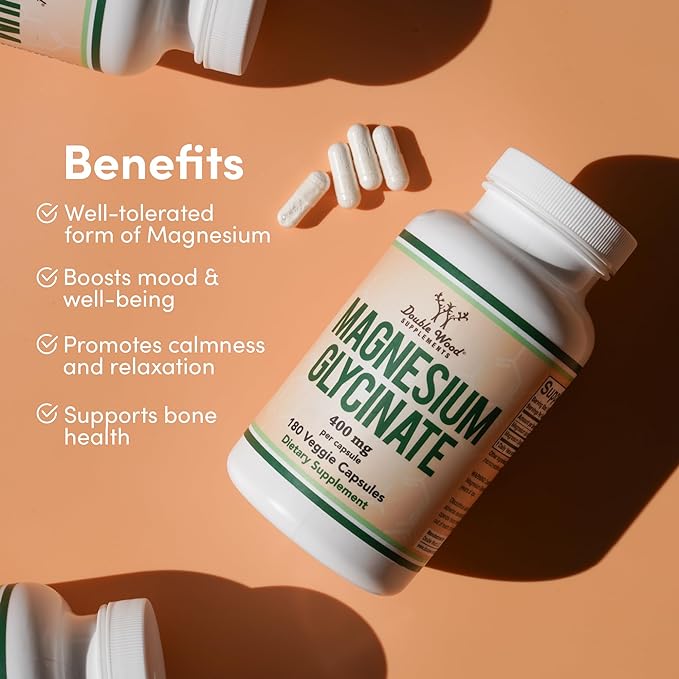 Magnesium Glycinate 400mg, 180 Capsules (Vegan Safe, Manufactured and Third Party Tested in The USA, Gluten Free, Non-GMO) High Absorption Magnesium by Double Wood Supplements - BeesActive Australia