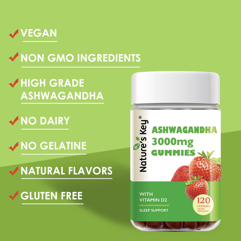 Nature's Key Ashwagandha Gummies, High Potency Ashwagandha Root Extract with Vitamin D2, for Men & Women, Stress, Calm Mood & Cognition, Strawberry Flavor (120 Count (Pack of 1) 120 Count (Pack of 1)