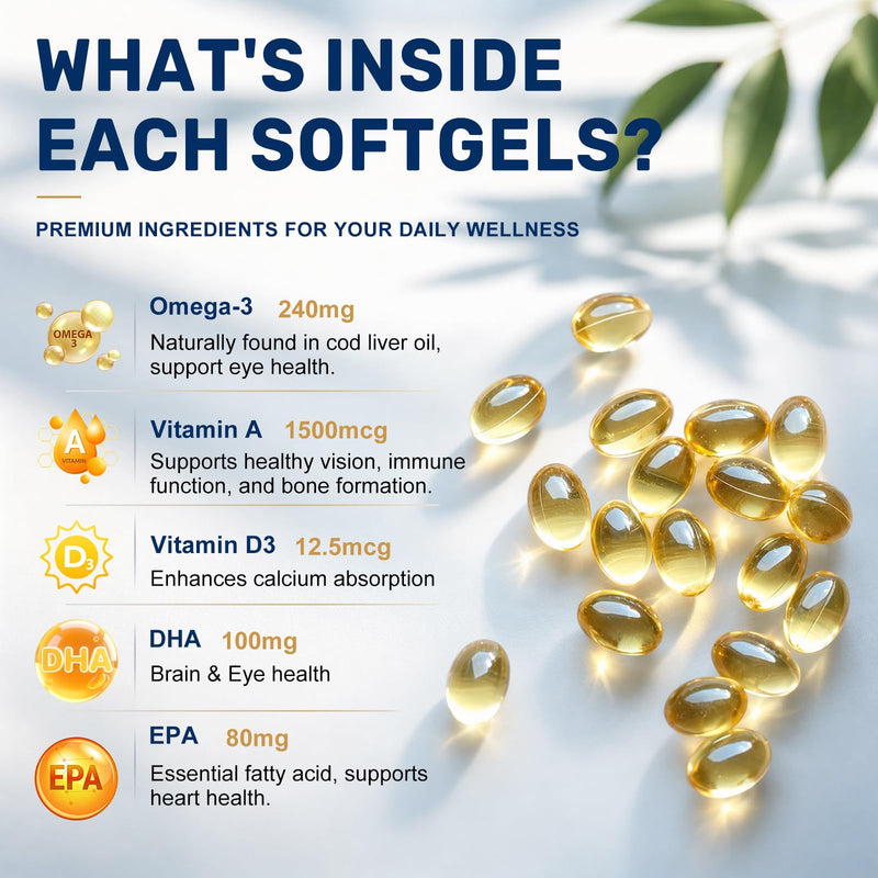 Cod Liver Oil 180 Softgels, 1,000mg Per Serving Wild-Caught Icelandic Cod | Omega 3, Vitamins A & D3, EPA, DHA | Cod Liver Oil Supplement Non-GMO, Third-Party Tested for Heart, Brain & Immune Support 180 Count (Pack of 1)