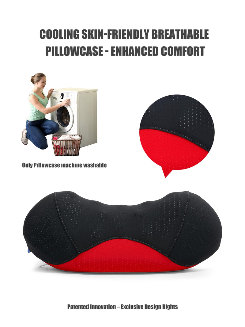 Bespilow Patented Dual-Layer Cervical Neck Roll Pillow-Comfort Top + Firm Memory Foam Base,Ergonomic Contour Support,Cooling Breathable Case- Relieves Neck Pain from Office,Travel,Sleep& Poor Posture Black&red - BeesActive Australia