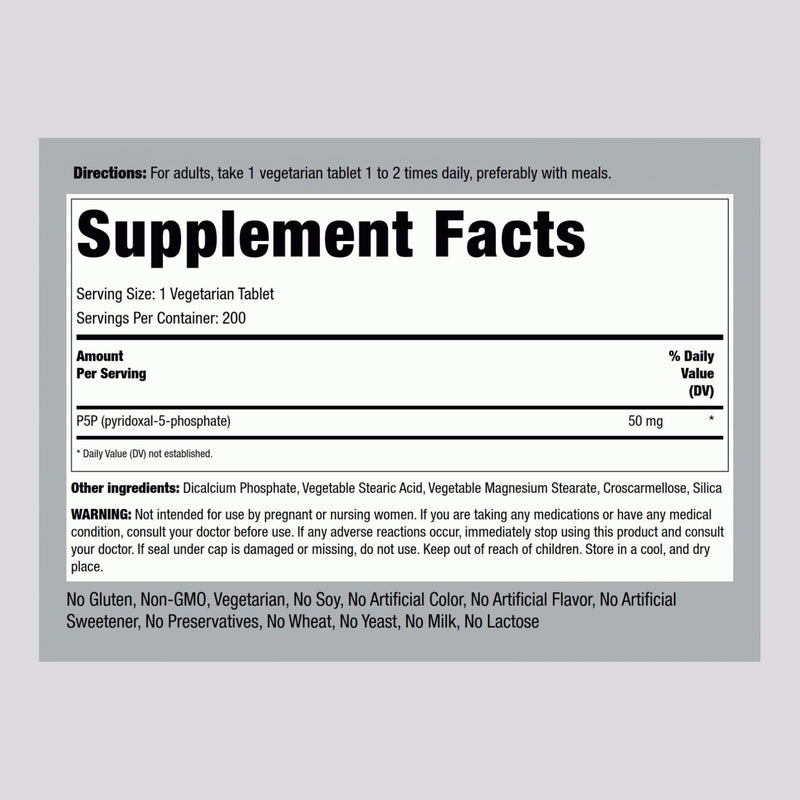 Piping Rock P5P Vitamin B6 | 50 mg | 200 Tablets | Pyridoxal 5-Phosphate Supplement | Vegetarian, Non-GMO, Gluten Free