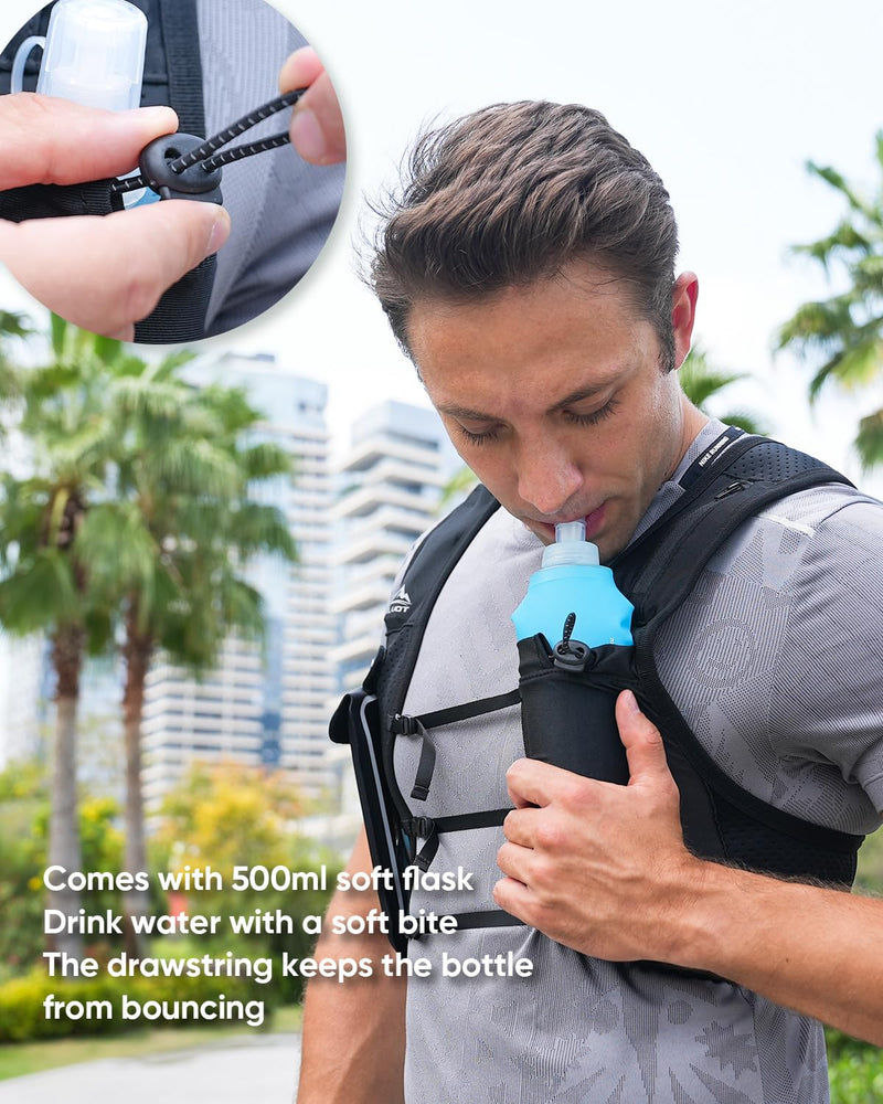 Running Vest for Women Men, USA Original Patent, Adjustable Chest Straps Running Hydration Vest with 500ml Soft Flask, Lightweight Reflective Hydration Backpack for Marathon Medium-Large Black
