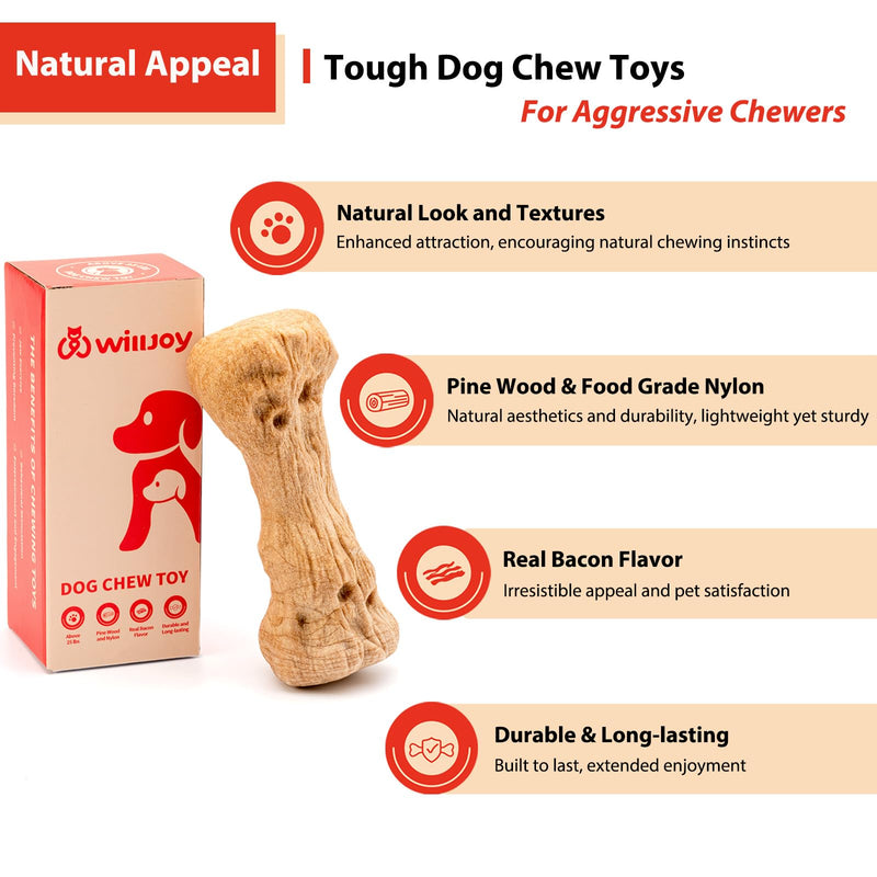 Willjoy Dog Chew Toys for Aggressive Chewers, Tough Dog Toys for Aggressive Chewers, Pine Wood and Nylon Indestructible Dog Toy, Bacon Large Dog Toys to Keep Them Busy Durable Dog Toys for Large Dogs 1-Pack DuraDumb - BeesActive Australia