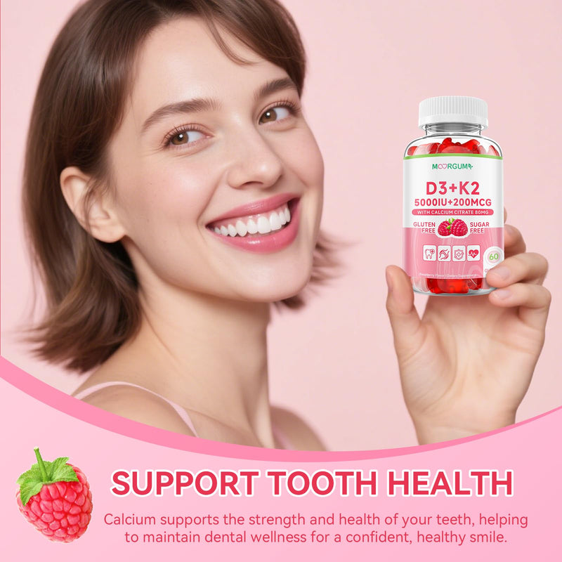 Vitamin D3 K2 Gummies with 5000IU D3, 200mcg K2 (MK-4 & MK-7 Blend), 80mg Calcium, Supports Calcium Absorption, Bone Health & Immune Support, Raspberry Flavor, 60 Count