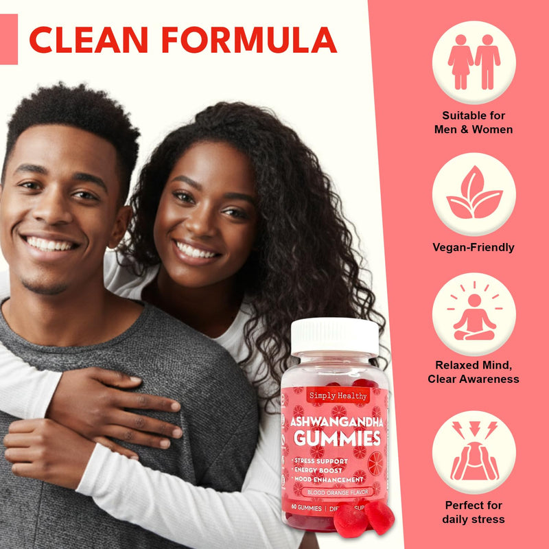 Premium Ashwagandha Gummies, Stress Support with Blood Orange Flavor, Vegan, Easy to Chew, Daily Aid, Energy Booster, Mood Enhancer, for Both Men and Women, 60 Gummies