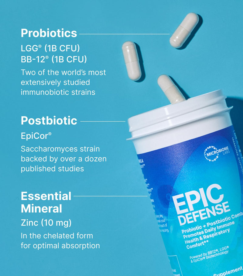 Microbiome Labs EpicDefense Probiotic + Postbiotic Combo - Immunobiotic Formula with LGG, BB-12 & Epicor - Daily Immune System Support - Respiratory Comfort - Gut Health Support (30 Capsules)