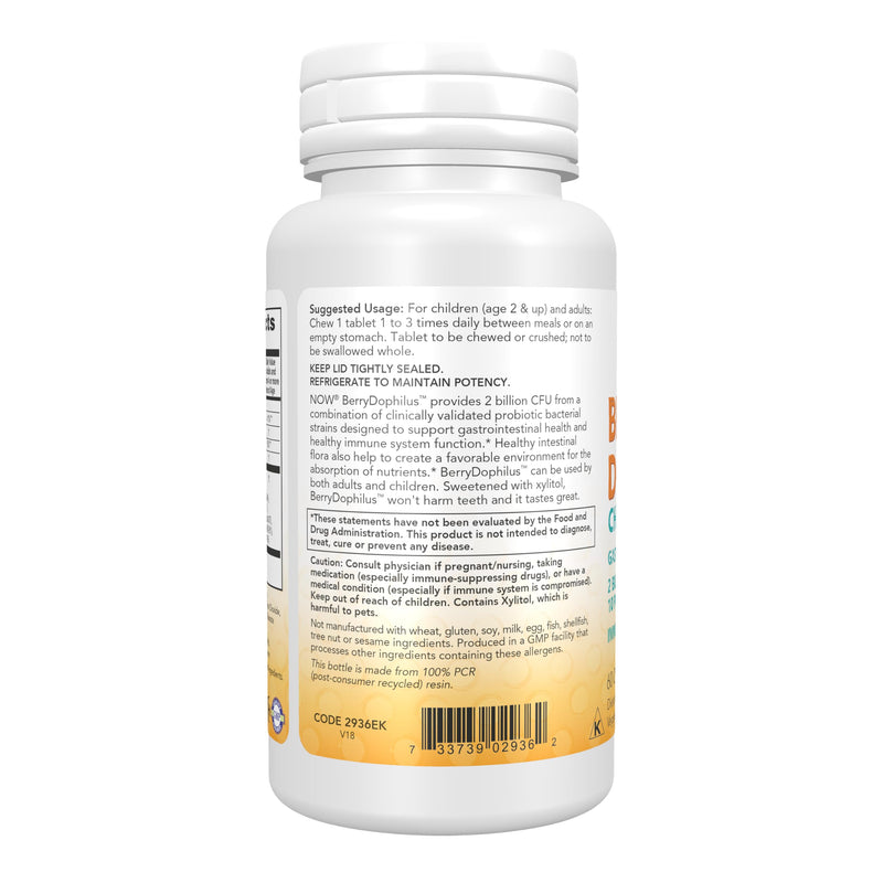 NOW Foods Supplements, BerryDophilus™ with 2 Billion, 10 Probiotic Strains, Xylitol Sweetened, Strain Verified, 60 Chewables, packaging may vary 60 Count (Pack of 1)