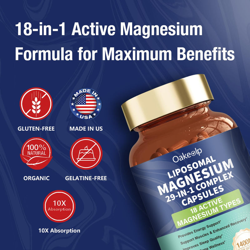 29-in-1 Liposomal 18 Active Types Magnesium Complex 1400MG Capsule,Citrate Glycinate Malate etc,Mild & Efficient,Extra Vitamin B6 B12 D3K2 & CoQ10, Relaxation Nerve* & Hert* Support 18 Types Magnesium Unflavored 120 Count (Pack of 1)