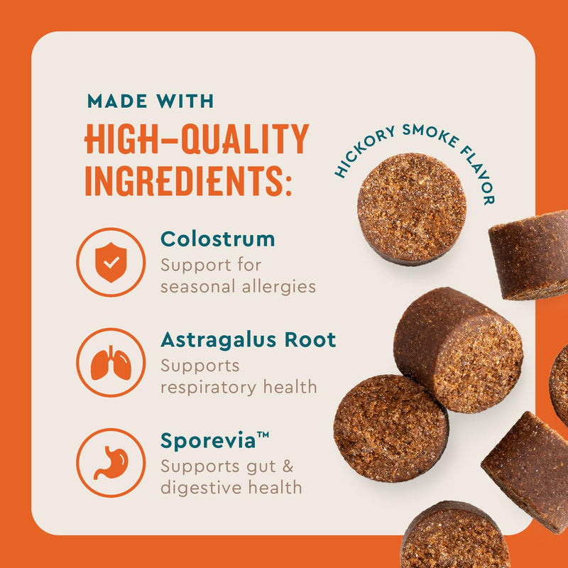 VetIQ Allergy Pro+ Soft Chews for Dogs, Dog Allergy Chews, Seasonal Support, Colostrum, Astragalus Root, Sporevia, Hickory Smoke Flavor, 60 Count 60 Count Dog Supplements