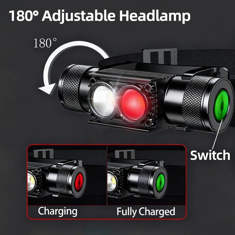 Rechargeable Led White & Red Headlamp, 1200 Lumen Bright Head Lamp with 10 Modes, Waterproof, for Adults, for Camping, Running, Hiking, Emergency, Outdoor, Car Repair(3000mAh) H25pro-R