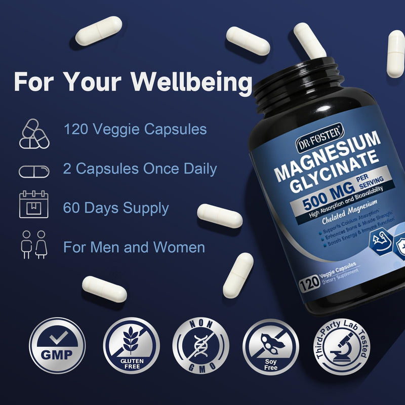 DRFOSTER Chelated Magnesium Glycinate 500mg with Zinc, 120 Veggie Capsules | High Absorption Supplements with Vitamin D3 for Sleep, Muscle & Bone Support, Leg Cramps Relief, Non-GMO 120 Count (Pack of 1)